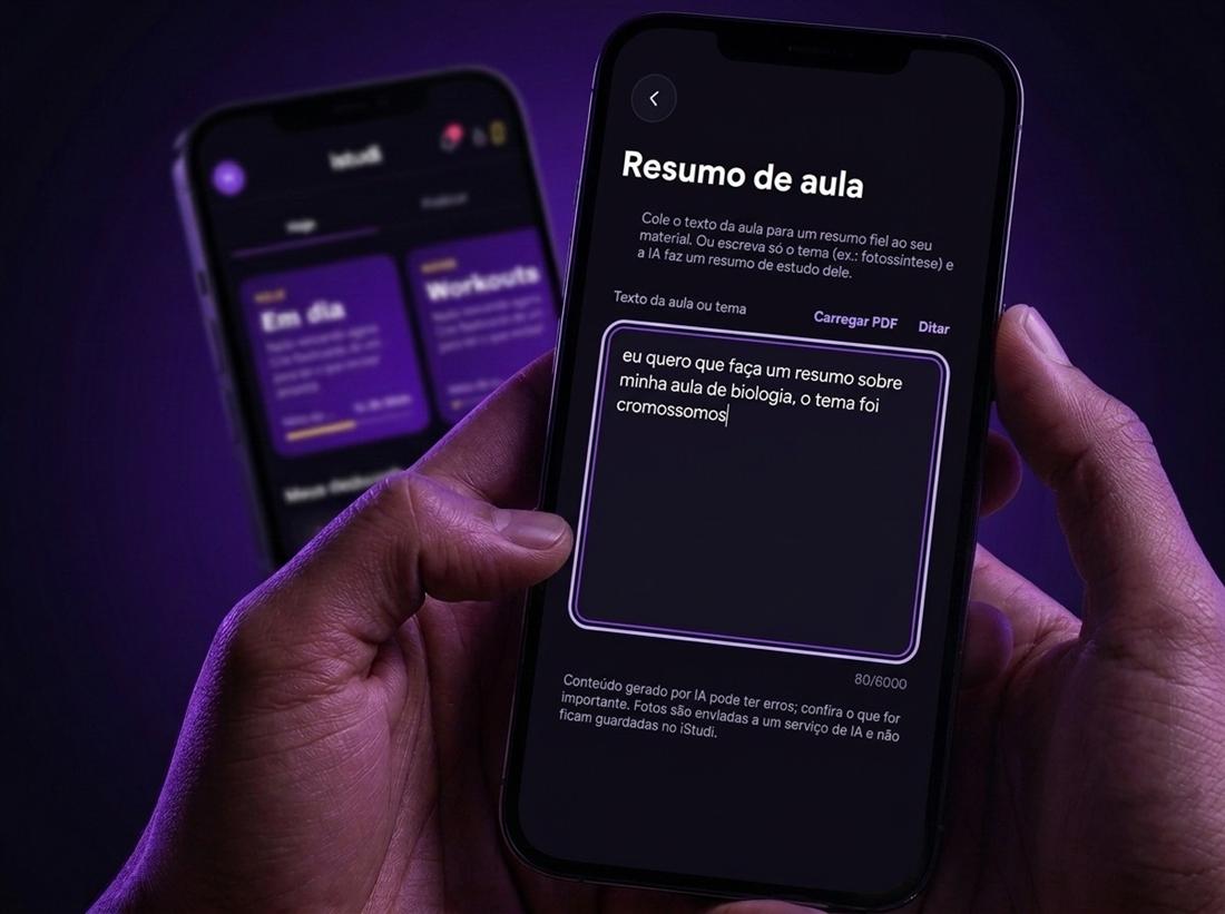 Tela Resumo de aula do iStudi com um tema digitado